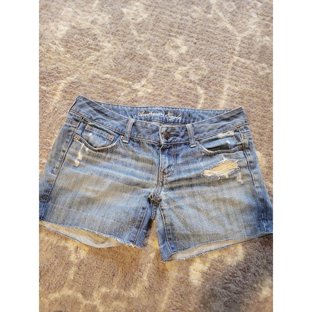 American Eagle Denim Shorts Distressed Frayed Hem Juniors Blue